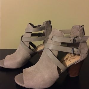 Beautiful taupe suede peep-toe heels
